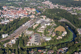 Station railway building of the Deutsche Bahn on a loop of the Danube in Sigmaringen in the state Baden-Wurttemberg, Germany