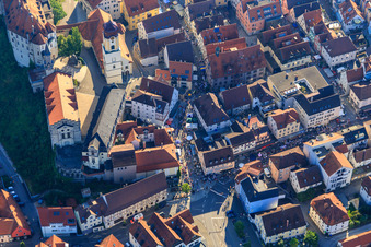 Aerial view of Fürst-Wilhelm-Straße, Hohenzollern Castle Sigmaringen and St. Johann Church in Sigmaringen in the state Baden-Wuerttemberg, Germany