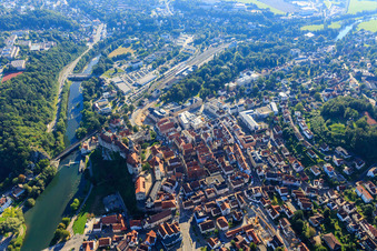 Aerial view of Historic old town with Antonstraße Fürst-Wilhelm-Straße, Hohenzollern Castle Sigmaringen and St. Johann Church above the Danube in Sigmaringen in the state Baden-Wuerttemberg, Germany