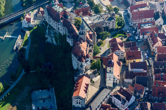 Aerial view of Castle of Sigmaringen between Danube and old town of Sigmaringen in the state Baden-Wurttemberg, Germany