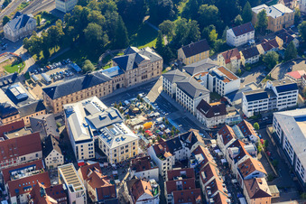 Leopoldplatz with market stalls in front of the State Archives of Baden-Württemberg, State Archives Sigmaringen in Sigmaringen in the state Baden-Wuerttemberg, Germany