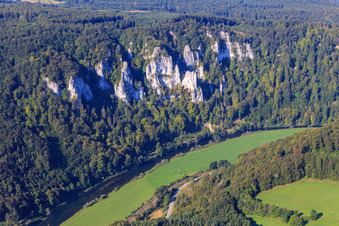Steep limestone cliffs in the Danube Valley in the district Neidingen in Beuron in the state Baden-Wuerttemberg, Germany