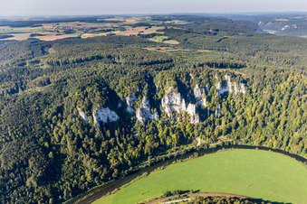 Rocks at the Curved loop of the riparian zones on the course of the river of the river Danube in Beuron in the state Baden-Wurttemberg, Germany