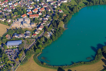 Steißlinger See with Seeblickhalle and Steißlinger See outdoor pool in Steißlingen in the state Baden-Wuerttemberg, Germany