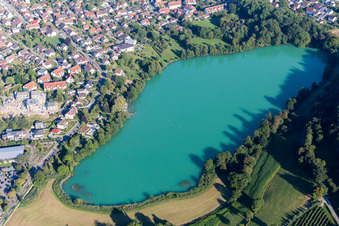 Aerial view of Village on the lake bank areas of Steisslingen Lake in Steisslingen in the state Baden-Wurttemberg, Germany