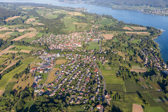 Aerial view of Village on the river bank areas of the Rhine river near lake of Constance in Oehningen in the state Baden-Wurttemberg, Germany