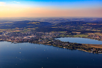 View of the Mettnau peninsula from the south with Mettnaupark in Radolfzell am Bodensee in the state Baden-Wuerttemberg, Germany