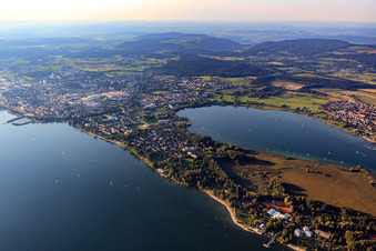 View of the Mettnau peninsula on Lake Zell from the east from Mettnaupark to Radolfzell in Radolfzell am Bodensee in the state Baden-Wuerttemberg, Germany