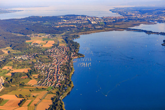 Aerial view of City view on the shore of Lake Gnadensee from the west in Allensbach in the state Baden-Wuerttemberg, Germany