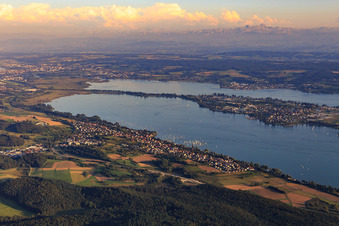 City view on the shore of Lake Gnadensee to Konstanz and the footbridge to Reichenau from the northwest in Allensbach in the state Baden-Wuerttemberg, Germany