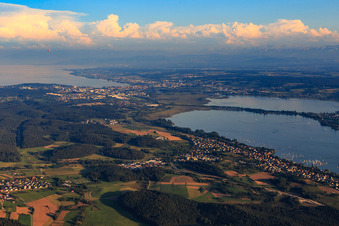 Aerial view of City view on the shore of Lake Gnadensee to Konstanz and the footbridge to Reichenau from the northwest in Allensbach in the state Baden-Wuerttemberg, Germany