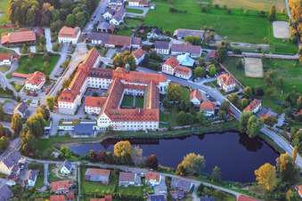Boarding school and monastery church of St. Bernhard in the monastery Wald in Wald in the state Baden-Wuerttemberg, Germany from above