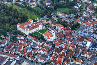 Aerial view of Castle Meßkirch, Sacred Heart Home Meßkirch and Catholic Church of St. Martin in Meßkirch in the state Baden-Wuerttemberg, Germany