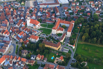Aerial photograpy of Castle Meßkirch, Sacred Heart Home Meßkirch and Catholic Church of St. Martin in Meßkirch in the state Baden-Wuerttemberg, Germany