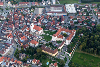 Aerial view of Building complex in the park of the castle Schloss Messkirch in Messkirch in the state Baden-Wurttemberg, Germany