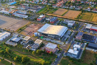 Curved company building of Eberspächer Controls Landau GmbH & Co. KG in the district Queichheim in Landau in der Pfalz in the state Rhineland-Palatinate, Germany
