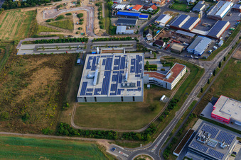 Aerial photograpy of Industrial area in the Speyer Valley with DBK David + Baader GmbH in Rülzheim in the state Rhineland-Palatinate, Germany