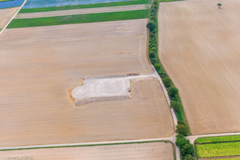 Construction site foundation for wind turbine in Hatzenbühl in the state Rhineland-Palatinate, Germany seen from above