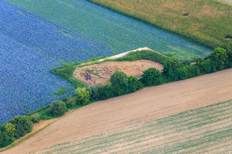 Construction site foundation for wind turbine in Hatzenbühl in the state Rhineland-Palatinate, Germany from the plane