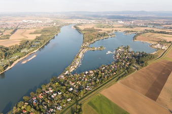Aerial photograpy of Weekend camping and Beach areas of the Lake of Eich at the river Rhine in Eich in the state Rhineland-Palatinate