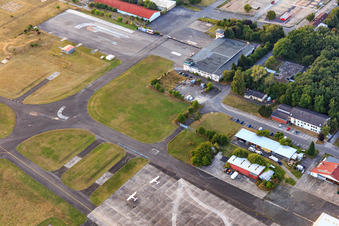Tower and parking areas of the airport Mainz-Finthen in the district Finthen in Mainz in the state Rhineland-Palatinate, Germany