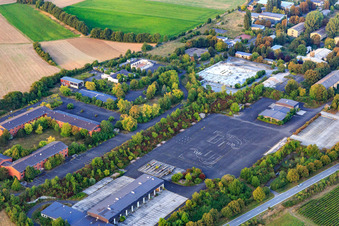 Aerial view of Rhein-Selz-Park Nierstein commercial area in former US barracks with Rhine Main Resort in the district Schwabsburg in Nierstein in the state Rhineland-Palatinate, Germany