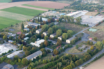 Aerial view of Conversion surfaces on the renatured site of the former barracks and military - real estate in Dexheim in the state Rhineland-Palatinate, Germany