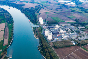 Nuclear power plant in the district Wattenheim in Biblis in the state Hesse, Germany from the drone perspective
