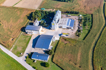 Aerial view of Homestead of a farm Bolz Landhandel GmbH in the district Liedolsheim in Dettenheim in the state Baden-Wurttemberg, Germany