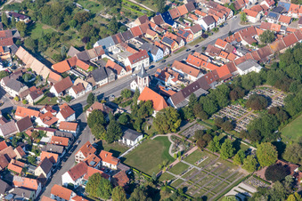 Aerial view of Church building in the village of in the district Liedolsheim in Dettenheim in the state Baden-Wurttemberg, Germany