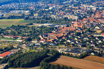 Aerial view of Rheinstr and roundabout at the Aral petrol station from the northeast in Kandel in the state Rhineland-Palatinate, Germany