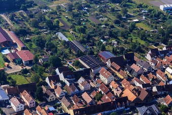 Aerial view of Agricultural halls at Hintergraben in Kandel in the state Rhineland-Palatinate, Germany