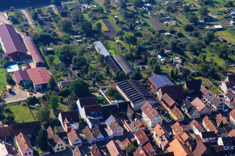 Agricultural halls at Hintergraben in Kandel in the state Rhineland-Palatinate, Germany from above