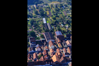Agricultural halls at Hintergraben in Kandel in the state Rhineland-Palatinate, Germany seen from above
