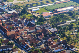 Bird's eye view of Agricultural halls at Ettenbaum in Kandel in the state Rhineland-Palatinate, Germany