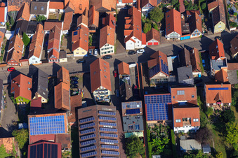 Aerial view of Barns with PV roofs on Rheinstr in Kandel in the state Rhineland-Palatinate, Germany