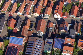 Aerial photograpy of Barns with PV roofs on Rheinstr in Kandel in the state Rhineland-Palatinate, Germany