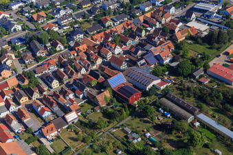 Agricultural halls at Ettenbaum in Kandel in the state Rhineland-Palatinate, Germany from above