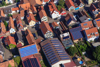 Bird's eye view of Barns with PV roofs on Rheinstr in Kandel in the state Rhineland-Palatinate, Germany