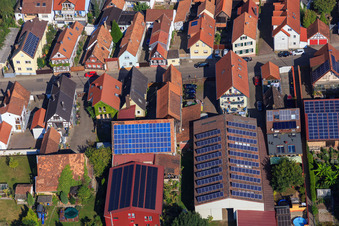 Barns with PV roofs on Rheinstr in Kandel in the state Rhineland-Palatinate, Germany viewn from the air