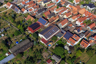 Aerial view of Barns with PV roofs on Rheinstr in Kandel in the state Rhineland-Palatinate, Germany