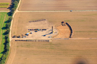 Oblique view of Construction site wind turbine foundation in Hatzenbühl in the state Rhineland-Palatinate, Germany
