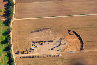 Construction site wind turbine foundation in Hatzenbühl in the state Rhineland-Palatinate, Germany from above