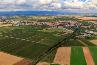 Village view along the railway line from the south in Rohrbach in the state Rhineland-Palatinate, Germany