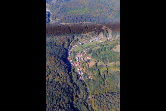 Aerial view of Village view in the Saarbachtal from the south in Hirschthal in the state Rhineland-Palatinate, Germany