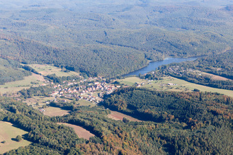 Village on the lake bank areas of Etang de Haspelschiedt in Haspelschiedt in Grand Est, France