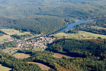 Aerial photograpy of Village on the lake bank areas of Etang de Haspelschiedt in Haspelschiedt in Grand Est, France