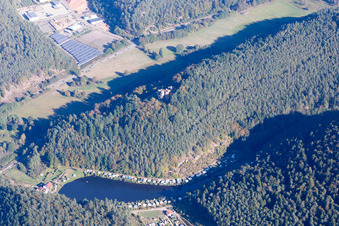 Aerial view of Moosbachtal campsite in Dahn in the state Rhineland-Palatinate, Germany
