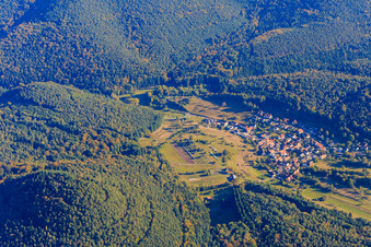 Aerial photograpy of Village view in the Palatinate Forest from the northwest in Böllenborn in the state Rhineland-Palatinate, Germany