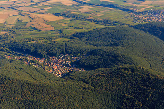 Aerial view of Village view in the Palatinate Forest from the west in Dörrenbach in the state Rhineland-Palatinate, Germany